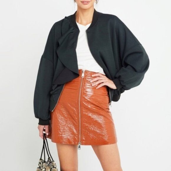 Few Moda Size L Green Ruffle Front Bomber Jacket Black Ribbed Trim Oversized Fit - Picture 2 of 5